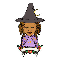 human witch with natural twenty dice roll illustration
