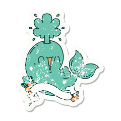 grunge sticker of tattoo style happy squirting whale character