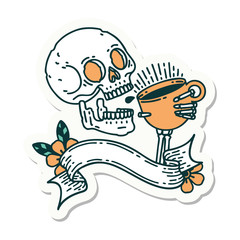 tattoo sticker with banner of a skull drinking coffee