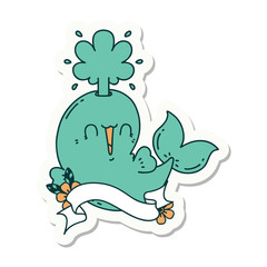 sticker of tattoo style happy squirting whale character