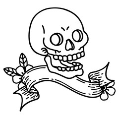 black linework tattoo with banner of a skull