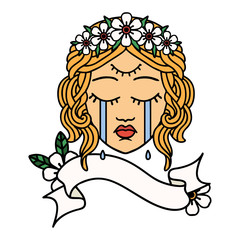 tattoo with banner of female face crying with third eye