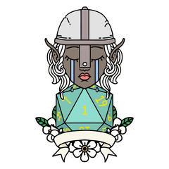 crying elf fighter character face with natural one D20 roll illustration