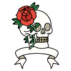tattoo with banner of a skull and rose
