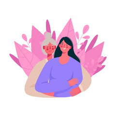 Happy smiling mother and daughter. Senior mother hug her adult daughter with love. Happy mothers day card. Flat cartoon vector illustration