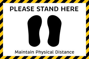 Please stand here marker with caution tape border and black shoe foot print silhouette, illustration