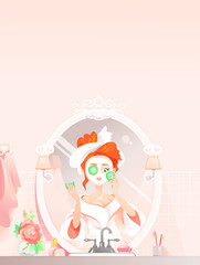 Redhead Women with Towel on Head Applying Natural Homemade Facial Mask with Slices of Cucumber near the Mirror. Girl Make Self Care and Problem Skin Treatment Procedures at Home vector illustration