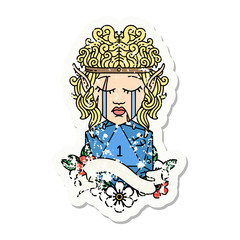 sad elf barbarian character face with natural one D20 roll grunge sticker