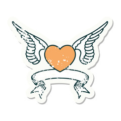 grunge sticker with banner of a heart with wings