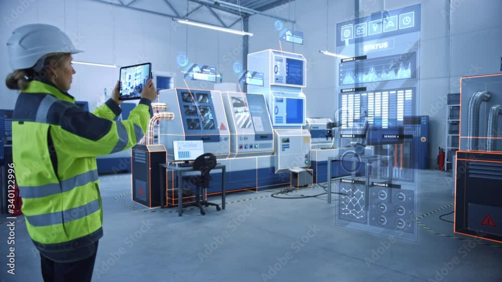 Leinwandbilder Industry 4.0 Factory: Female Engineer Uses Digital Tablet Computer with Augmented Reality Software to Connect with High-Tech CNC Machinery and Visualize Maintenance and Diagnostics of the Equipment