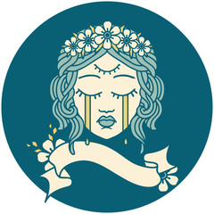 icon with banner of female face crying with third eye