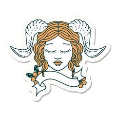 tiefling character face with scroll banner sticker