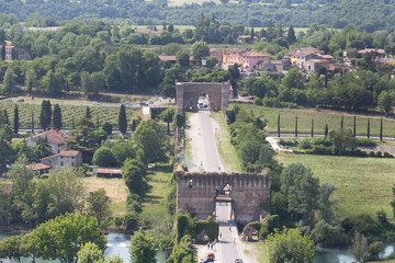 Fototapeta na wymiar Aerial view of Visconti bridge in Valeggio sul Mincio, Veneto, Italy.