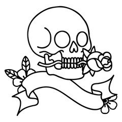 black linework tattoo with banner of a skull