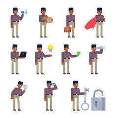 Black or indian man showing various actions. Business man holding loudspeaker, parcel box, laptop, spyglass, pointing to idea and showing other actions. Flat design vector illustration