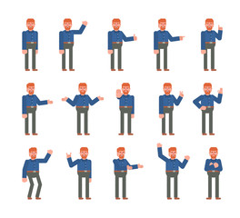 Businessman showing various hand gestures set. Cheerful man pointing, greeting, showing thumb up, victory sign and other gestures. Flat design vector illustration