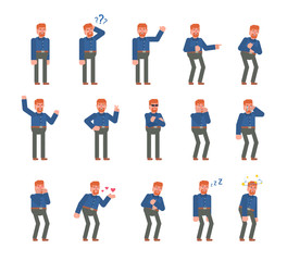 Ginger haired man showing various emotions set. Businessman crying, laughing, tired, suprised and showing other expressions. Flat design vector illustration