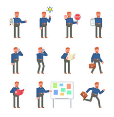 Ginger haired man showing various actions. Businessman holding document, clipboard, stop sign, walking, talking on phone and showing other actions. Flat design vector illustration