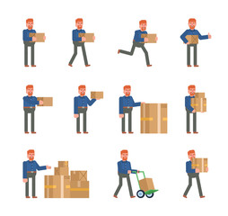 Ginger haired man posing with parcel box. Delivery service courier holding parcel box, running, walking and showing other actions. Flat design vector illustration