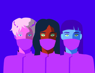 Group of diverse female doctors wearing medical face masks during COVID-19. Conceptual minimal vector illustration.