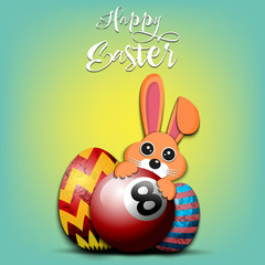 Happy Easter. Easter eggs, rabbit and billiard ball
