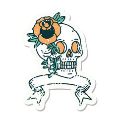 grunge sticker with banner of a skull and rose