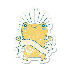grunge sticker of tattoo style happy frog