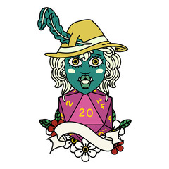 singing half orc bard character with natural twenty dice roll illustration