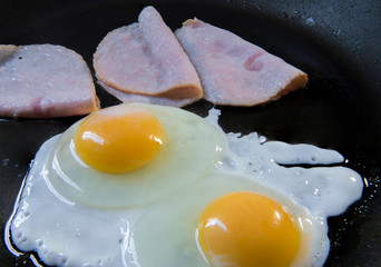 Preparation of over-easy eggs and ham, on a skillet, as part of classic breakfast. Cooking eggs on a pan concept.