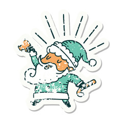 grunge sticker of tattoo style santa claus christmas character celebrating