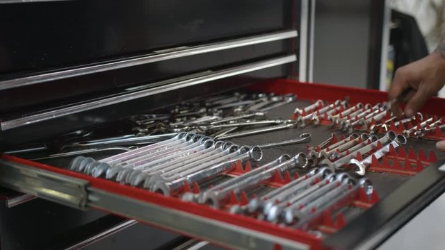 Toolbox of Tools Close Up, Opening Drawer