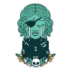 crying half orc rogue character with natural one D20 roll illustration