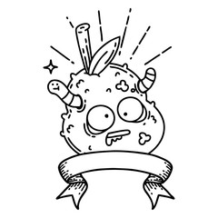 banner with black line work tattoo style rotten pear