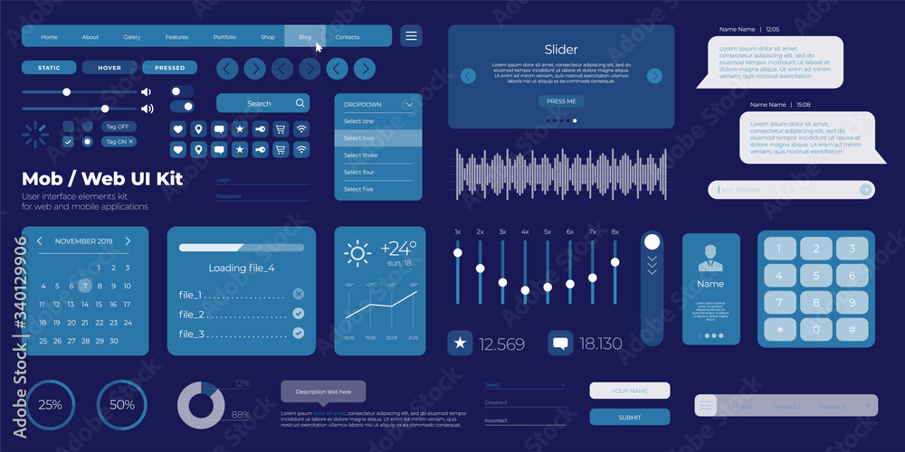 Fototapete blue vector ui kit for mobile applications and web sites. universal user interface template with res