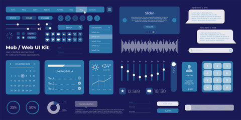 Blue vector UI kit for mobile applications and web sites. Universal user interface template with responsive design, tools and buttons. Flat menu icons and control elements on color background.