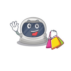 Rich and famous astronaut helmet cartoon character holding shopping bags