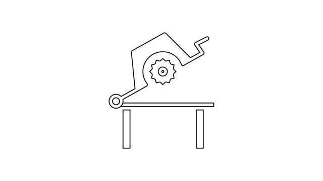 Black line Table saw for woodwork icon isolated on white background. Power saw bench. 4K Video motion graphic animation
