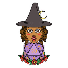 human witch with natural twenty dice roll illustration