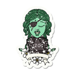 half orc rogue character with natural twenty dice roll illustration