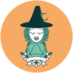 half orc witch character with natural 20 dice roll icon