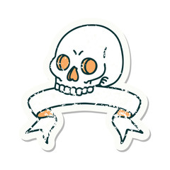 grunge sticker with banner of a skull