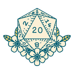 natural 20 D20 dice roll with floral elements illustration