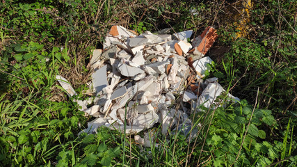 Building rubble dumped among plants by the roadside. Discarded mortar, cement, bricks and tiles.