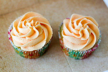 Vanilla cupcakes with colorful liners and sprinkles on display