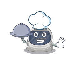 Astronaut helmet chef cartoon character serving food on tray