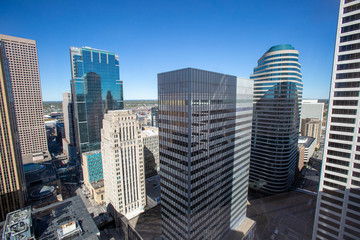Tall buildings from the top floor of a skyscraper in downtown Minneapolis Minnesota