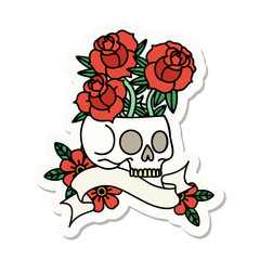 tattoo sticker with banner of a skull and roses