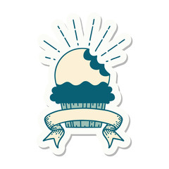sticker of tattoo style cupcake with missing bite