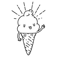 traditional black line work tattoo style ice cream character waving