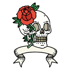 tattoo with banner of a skull and rose
